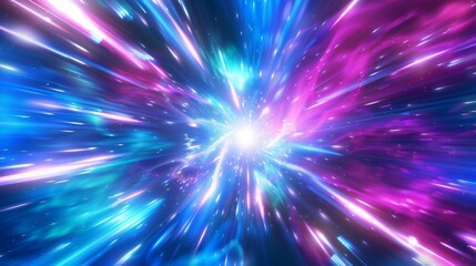 Modern realistic illustration of abstract neon pink, blue, purple, white rays in circular motion, space route perspective, magic super power flash, explosion energy.