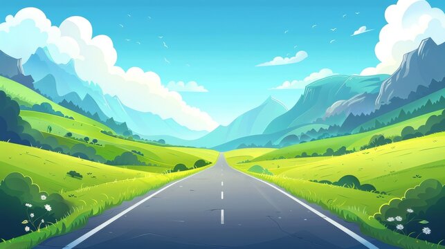 Grass and trees on an empty road. A cartoon summer modern landscape of rocky hills with mountains in the background.