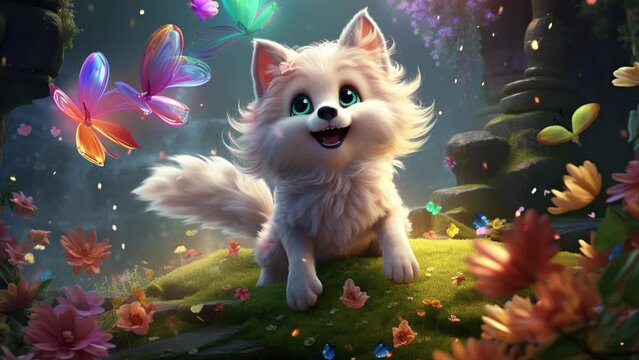 Playful fluffy white wolf cub exploring the lush jungle Seamless looping 4k time-lapse virtual video animation background. Generated AI