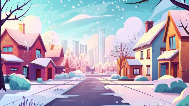 Modern cartoon illustration of a winter town street against the backdrop of a big city. Alleys and houses along rural roads under a cloudy sky with waves of snow covering trees and bushes. Modern