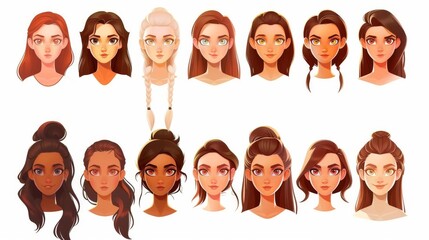 Avatar constructor set of young Caucasian woman head, eyebrows, eyes, nose, mouth, brunette hairstyles on white background. - obrazy, fototapety, plakaty