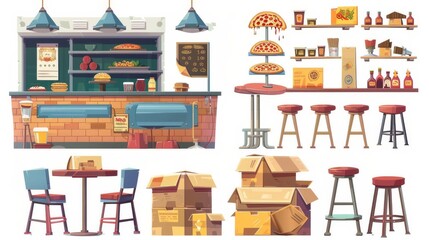 The interior of a pizza restaurant. Cartoon modern elements include the restaurant table and chairs, the bar counter, the stool, the food and sauces, and the stack of cardboard boxes it comes in.