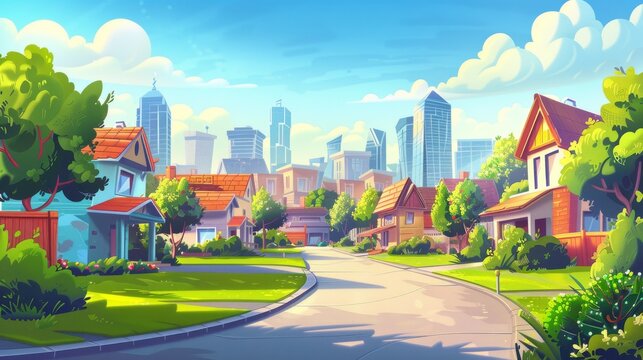Modern cartoon illustration featuring neighborhood streets in suburban settings against a big city background. Featuring bright blue skies, green bushes, skyscrapers on the horizon, and modern