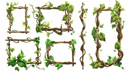 Cartoon modern rain forest tree stem in rectangular and circular shapes. Jungle climbing plant vine for game UI design. Branches of liana twisted and tangled. - obrazy, fototapety, plakaty