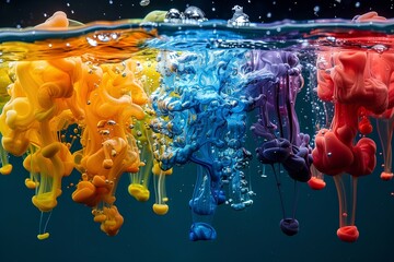 Multicolored drops of paint falling into clear transparent water