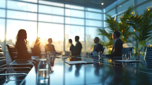 Diverse group of professionals gathering around a sleek conference table, engaging in productive discussions, and shaping the future of their business.
