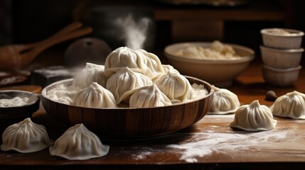 Fototapeta na wymiar Raw dough and flour on the kitchen table. Cooking dumplings, dumplings, manta rays. Home cooking.