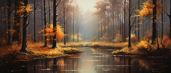 Autumn forest oil painting ambiance.