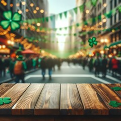 Fototapeta premium Wooden empty tabletop on blurred city street background with green holiday garlands and St.