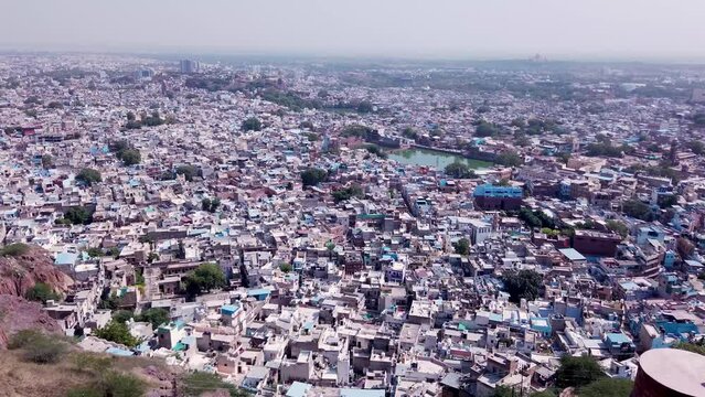 Jodhpur, Rajasthan, India-October 29 2023; A Pan view of the 'Jodhpur city' famously known as the 'Blue city' for its unique blue color used in painting homes to keep the interiors cool in summer seas