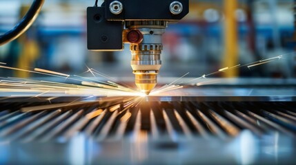 A high-powered laser cutter at work in a metal fabrication shop - obrazy, fototapety, plakaty