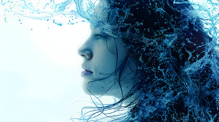 blue cancer woman as rain shape, long hair, white background