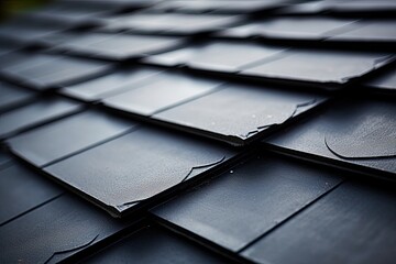 Black tiles for roofing at the construction site.