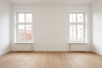 Renovated apartment: Empty room with new windows, white walls, and wooden floor.