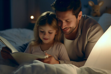 caucasian young family, night and story with child in bed for bonding, care and learning development. father Dad, daughter reading fairytale or education book with daughter for bedtime routine in home