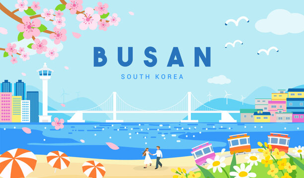 Busan, South Korea poster vector illustration. Beautiful Busan landscape in spring season