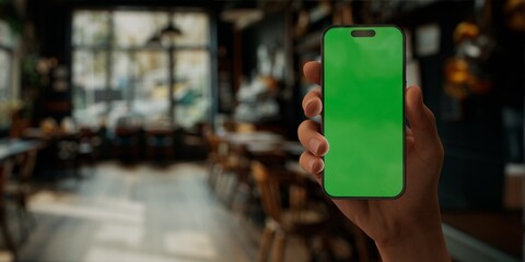 Person holding a smartphone with a green screen in a blurred cafe setting - 757011972
