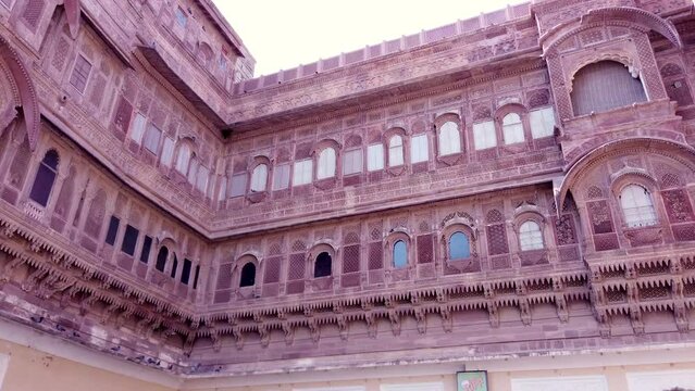 Jodhpur, Rajasthan, India-October 29 2023; The building exteriors of Magnificent 'Mehrangarh fort' built on a hill and is one of the biggest castles in Jodhpur city of Rajasthan, India.
