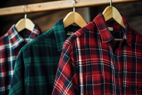 Close up of a plaid shirt hanging alongside blue jeans and a brown backpack.