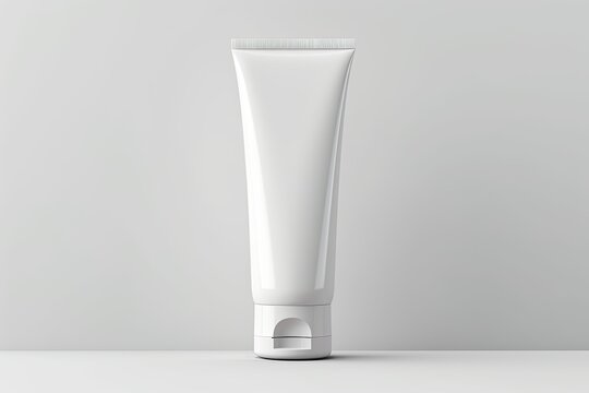 White plastic tube mockup with cosmetics on white background