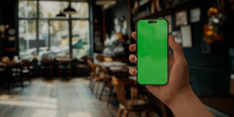 Person holding a smartphone with a green screen in a blurred cafe setting - 757012397