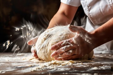 Artisan kneading dough with a dynamic sprinkle of flour, in a rustic kitchen setting.