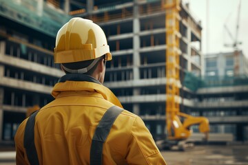 Construction worker in yellow hardhat overlooking a busy construction site.