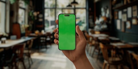 Person holding a smartphone with a green screen in a blurred cafe setting