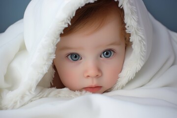 Portrait of a baby with blue eyes wrapped in a soft white blanket.