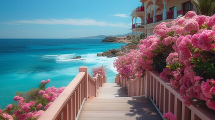 Serene seascape with blooming pink flowers and coastal architecture. - obrazy, fototapety, plakaty