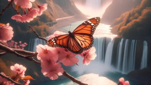 butterfly on the flower & waterfall, generative ai