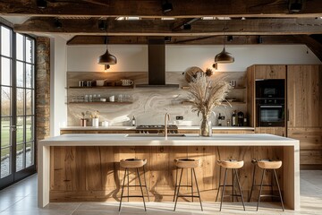 Modern rustic kitchen with a spacious wooden design and elegant lighting - obrazy, fototapety, plakaty
