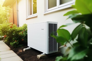 Eco-friendly outdoor heat pump unit next to a house with lush greenery - obrazy, fototapety, plakaty
