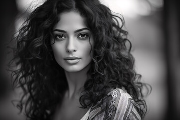 Black and white portrait of beautiful sensual latin woman with curly hair and magnetic look. 