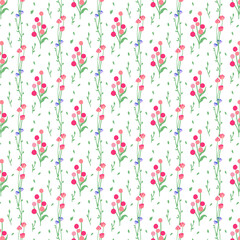 Spring flower branches, exquisite seamless pattern design. Repeating botanical print. Natural blooming herbs. Floral texture and sprigs background for wallpaper, fabric and textile. Flat graphic