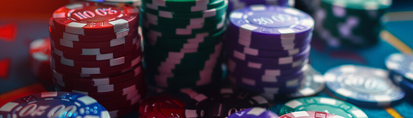 Casino chips and dice on a vibrant table conveying excitement and risk