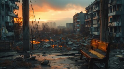 Desolate post-apocalyptic urban landscape at dusk with fire remnants