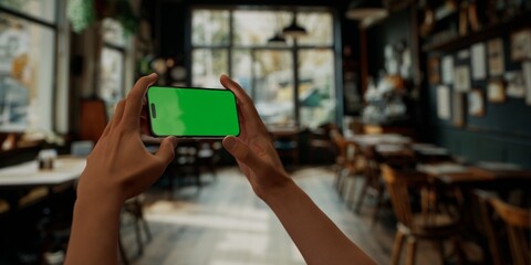 Person holding a smartphone with a green screen in a blurred cafe setting - 757012963