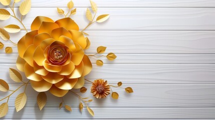 Golden paper flowers on white wood