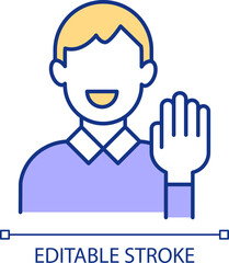 Friendly person RGB color icon. Greeting and welcoming gesture. Man with raised hand. Smiling office worker. Isolated vector illustration. Simple filled line drawing. Editable stroke