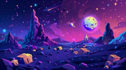 Modern illustration of neon yellow crates, rocky stones, stars glowing and asteroids flying in night sky. Outer space landscape for game user interface design.