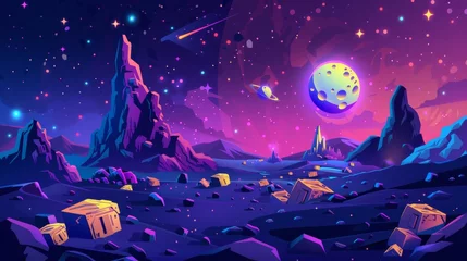 Papier Peint photo Violet Modern illustration of neon yellow crates, rocky stones, stars glowing and asteroids flying in night sky. Outer space landscape for game user interface design.