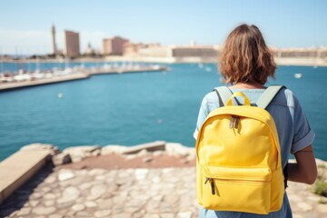 Fototapeta premium A close up shot of a trendy yellow backpack and a map typically favored by hipsters The viewpoint is from the front with a background featuring the vibrant blue sea of an aquarium