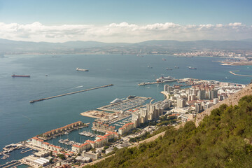 Panoramic aerial view of Gibraltar from a high point on its rock.