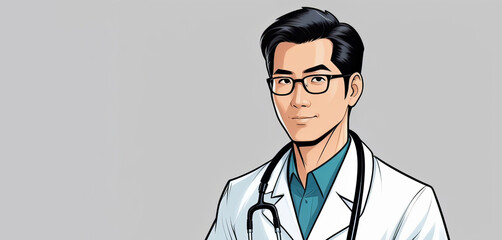 A cartoon doctor with glasses and a stethoscope around his neck