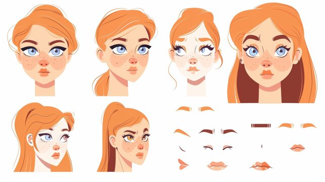 The girl face construction kit contains various types of eyes, brows, noses, lips, and haircuts for creating the female avatar.