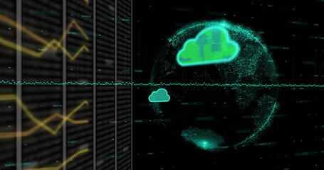 Image of cloud icons and data processing over globe