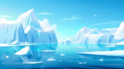 Fototapeta na wymiar A cartoon modern illustration of an Arctic scenery with an iceberg floating in the ocean. The cold northern horizon is filled with ice blocks floating in the water at the bottom of the sea.