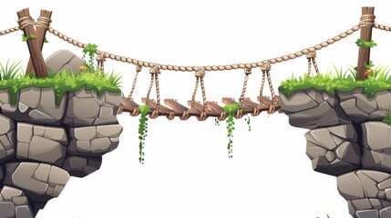 The old wooden suspension bridge with rope, stones, and green grass for UX design in games. Cartoon illustration set of a dangerous footbridge over abyss at cliff edge...