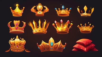 Game level rank icon for game UI. Cartoon modern illustration set of different stages of golden crown progress - broken, dirty, yellow, with pillow and gemstone. - obrazy, fototapety, plakaty